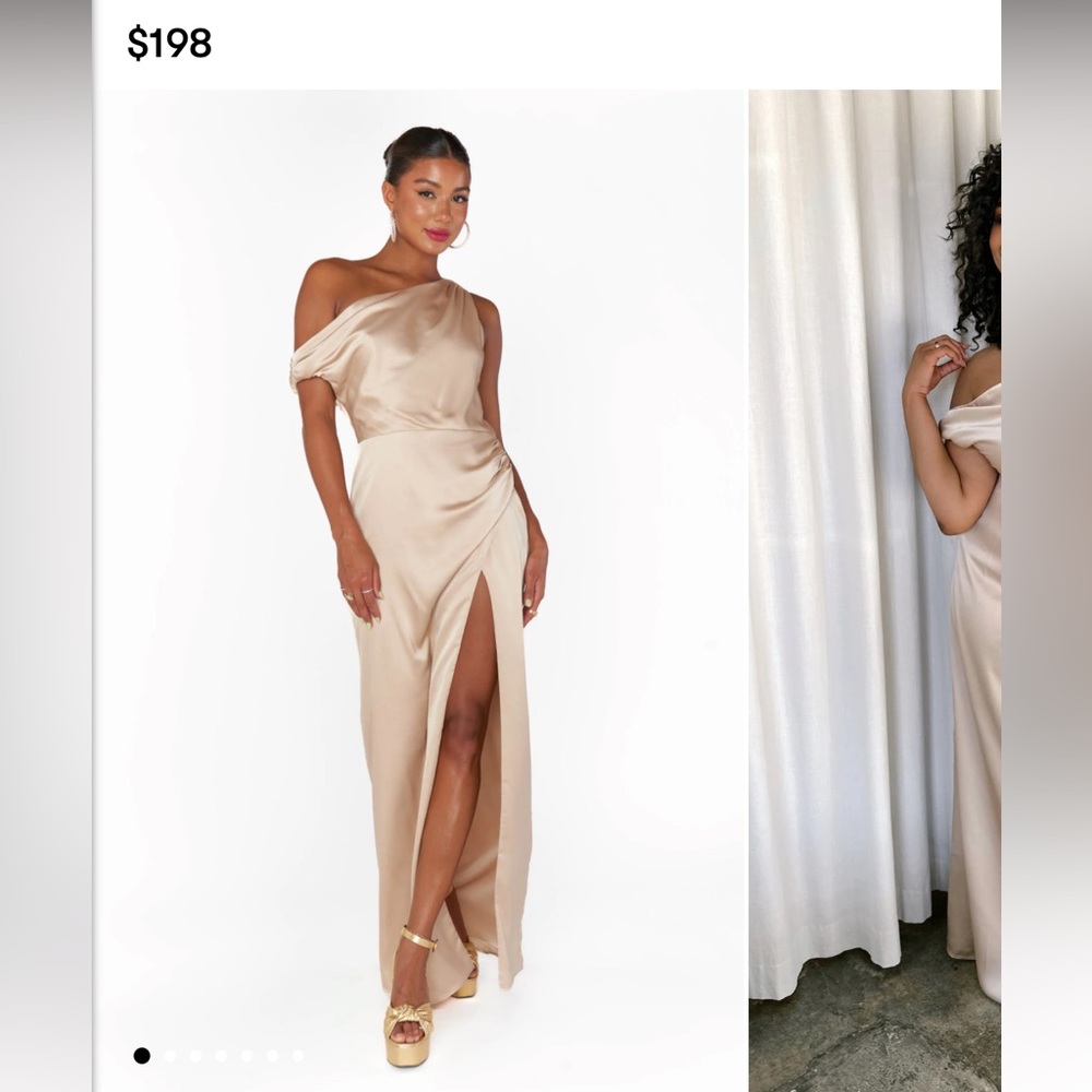 Show me your mumu jodie satin champagne bridesmaids dress. Size small 4-6